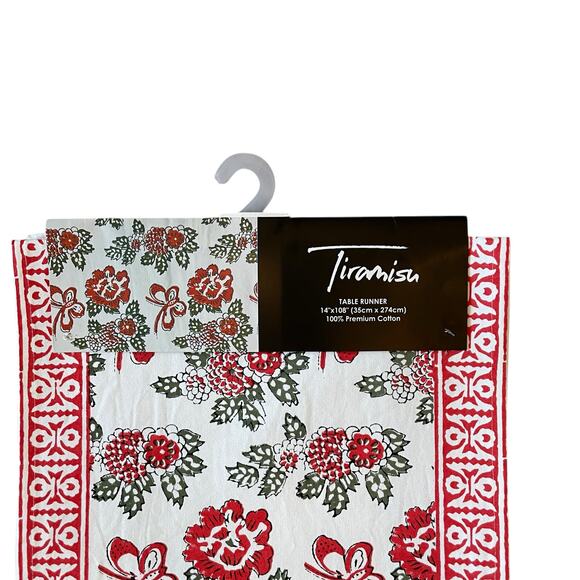 Tiramisu Block Print Cotton Table Runner 14x108 Pink & Red Floral Butterfly NEW - Picture 10 of 12